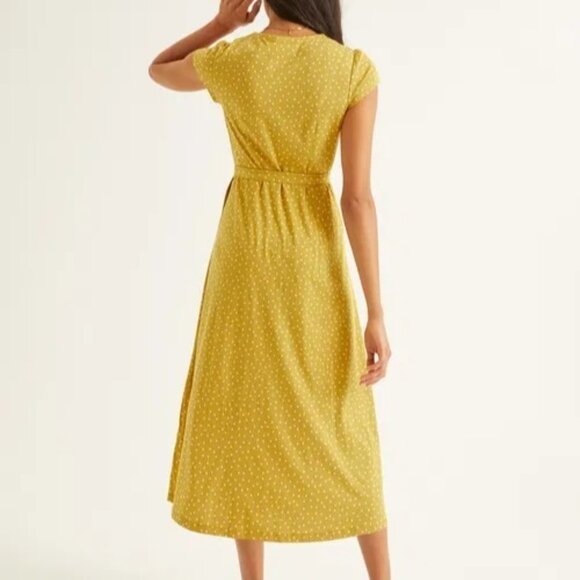 Boden Frances Jersey Midi Dress Yellow Polka Dot Tie Waist Button Front Size 16R - Picture 10 of 11